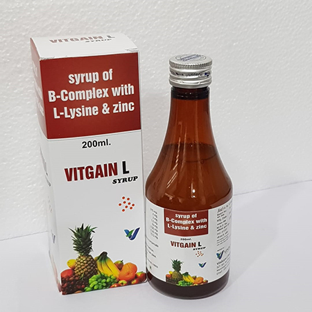 Product Name: VITGAIN L, Compositions of VITGAIN L are Syrup of B-Complex with L-lysine & Zinc - Vindcare Lifesciences