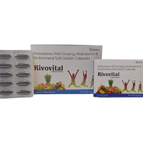 Product Name: Rivovital, Compositions of Rivovital are Antioxidants With Ginseng, Multivitamin & Multimineral Soft Gelatin Capsules - Uniblue Healthcare Private Limited