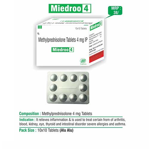 Product Name: Miedroo 4, Compositions of Miedroo 4 are Methylcprednisolone Tablets IP 4mg - Euphoria India Pharmaceuticals