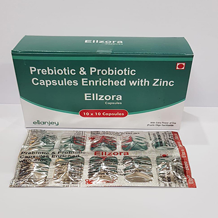 Product Name: Ellzora, Compositions of Ellzora are Prebiotic & Probiotic Capsules Enriched with Zinc  - Ellanjey Lifesciences