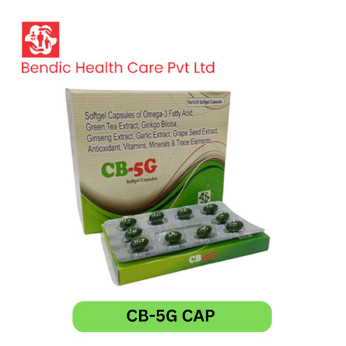 Product Name: CB 5G, Compositions of Softgel Capsules of Omega-3 Fatty Acid,Green Tea Extract,Ginkgo Biloba,  Ginseng Extract, Garlic Extract, Grape Seed Extract, Antioxidant, Vitamins, Minerals & Trace Elements are Softgel Capsules of Omega-3 Fatty Acid,Green Tea Extract,Ginkgo Biloba,  Ginseng Extract, Garlic Extract, Grape Seed Extract, Antioxidant, Vitamins, Minerals & Trace Elements - Bendic Healthcare Private Limited