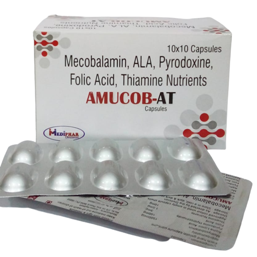 Product Name: Amucob AT, Compositions of Amucob AT are Mecobalamin,ALA,Pyrodoxine,Folic Acid,Taimine Nutrients - Mediphar Lifesciences Private Limited