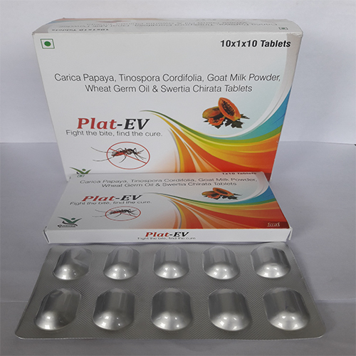 Product Name: Plat EV , Compositions of Plat EV  are Carica Papaya, Tinospora Cordifolia, Goat Milk Powder, Wheat Germ Oil & Swertia Chirata Tablets  - Orange Biotech Private Limited