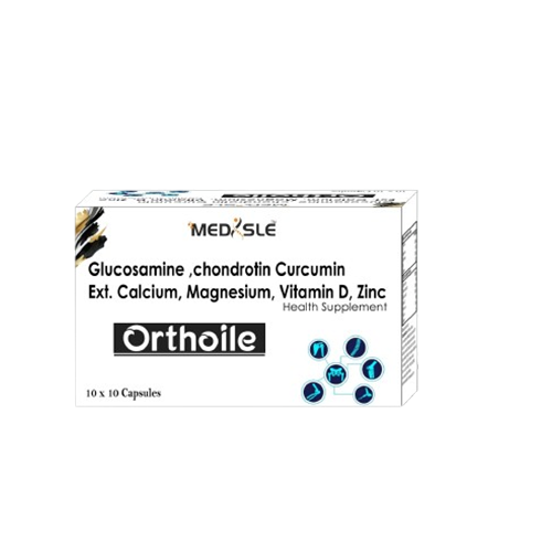 Product Name: ORTHOILE, Compositions of ORTHOILE are Glucasamine, Chondrotin Curcumin Ext. Calcium, Magnesium, Vitamin D, Zinc - Medisle Pharma