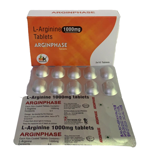 Product Name: ARGINPHASE Tablete, Compositions of ARGINPHASE Tablete are L-Arginine 1000mg Tablets - MK Healthcare