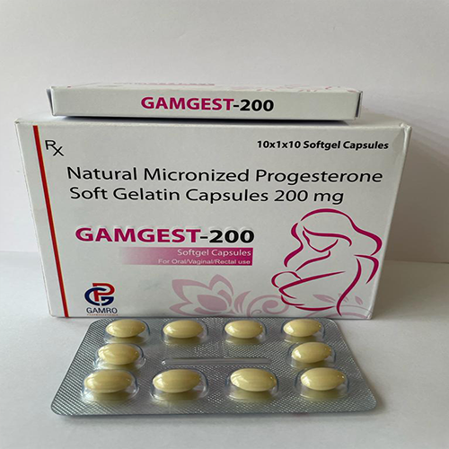 Product Name: GAMGEST 200 , Compositions of GAMGEST 200  are Natural Micronized Progesterone Soft Gelatin Capsules 200 mg  - Gamro Pharmaceuticals