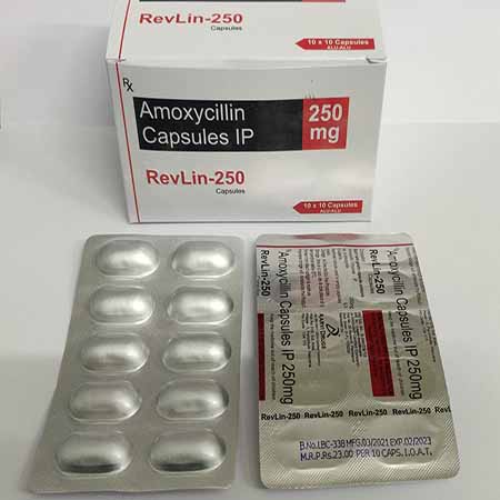 Product Name: Revlin 250, Compositions of Revlin 250 are Amoxycillin Capsules IP - Aarvi Drugs