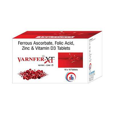 Product Name: Varnfer XT, Compositions of Varnfer XT are Ferrous Ascorbate, folic Acid, Zinc & Vitamin D3 Tablet - SB LIFESCIENCES