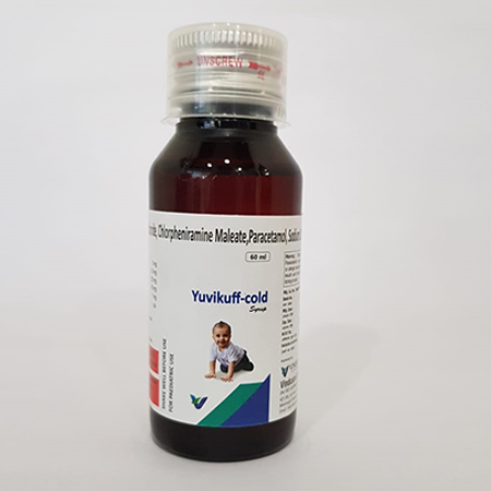 Product Name: YUVIKUFF COLD, Compositions of YUVIKUFF COLD are Clorpheniramine Maleate, Paracetamol Suspension - Vindcare Lifesciences