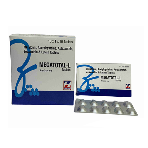 Product Name: MEGATOTAL L, Compositions of MEGATOTAL L are Melatonin, Acetylcysteine, Astaxanthin, Zeaxanthin & Lutein Tablets - Zerdia Healthcare Private Limited