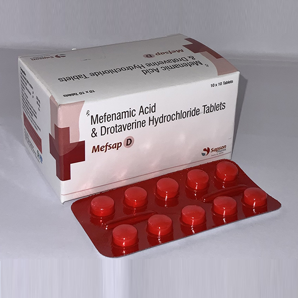 Product Name: Mefsap D, Compositions of Mefsap D are Mefenamic Acid & Drotaverine Hydrochloride tablets - Sapson Pharma