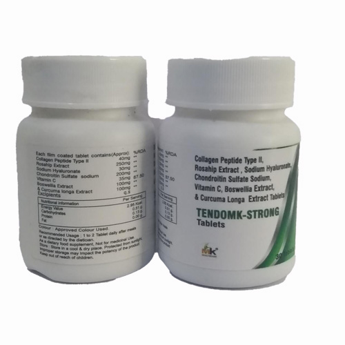 Product Name: TENDOMK STRONG Tablets, Compositions of TENDOMK STRONG Tablets are Collagen Peptide Type I Rosahip Extract, Sodium Hyaluronan Chondroitin Sulfate Sodium. Vitamin C, Boswellia Extract, & Curcuma Longa Extract Tablet - MK Healthcare