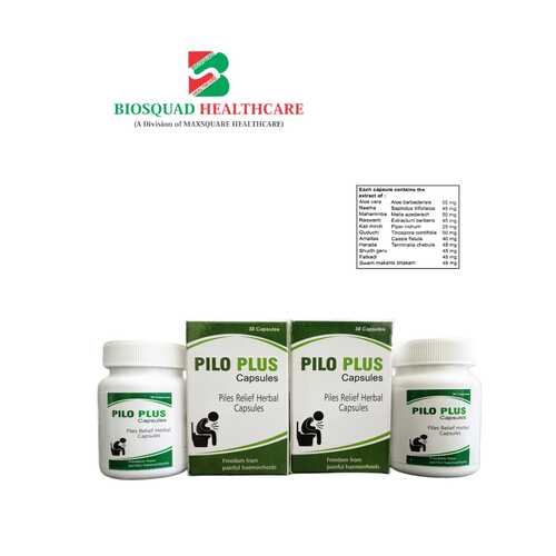 Product Name: PILO PLUS, Compositions of PILO PLUS are Piles Relief Herbal Capsules - Biosquad Healthcare