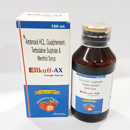 Product Name: Ellkuff AX, Compositions of Ellkuff AX are Ambroxol HCL, Guaiphenesin, Terbutaline Sulphate & Menthol Syrup - Ellanjey Lifesciences