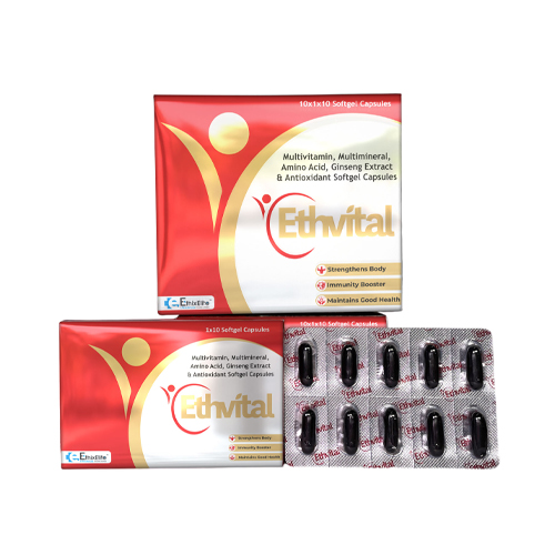 Product Name: ETHVITAL, Compositions of are Multivitamin, Multimineral Amino Acid Ginseng Extract & Antioxidant Softgel Capsules - EthixElite Lifesciences Private Limited