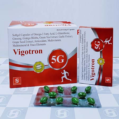 Product Name: Vigotron, Compositions of Vigotron are  Softgel Capsules of Omega-3 Fatty Acid,L-Glutathione,Ginseng,Biloba,Green Tea Extract ,Garlic Extract,Grape Seed Extract,Antioxidant,Multivitamin,MUltiminerals & Trace Elements - Hower Pharma Private Limited