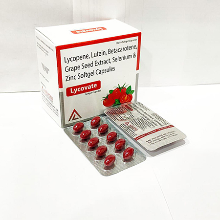 Product Name: Lycovate, Compositions of Lycovate are Lycopene Lutein Betacarotene Grape Seed Extract Selenium & Zinc Softgel Capsules - Arvoni Lifesciences Private Limited