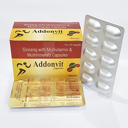 Product Name: Addonvit, Compositions of Addonvit are Gingseng with Multivitamin & Multiminerals Capsules - Ellanjey Lifesciences