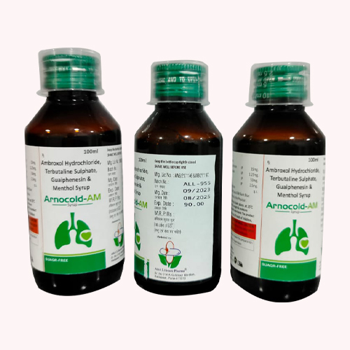 Product Name: ARNOCOLD AM, Compositions of ARNOCOLD AM are Ambroxol Hydrochloride, Terbutaline Sulphate, Guaiphenesin & Menthol Syrup - Access Life Science