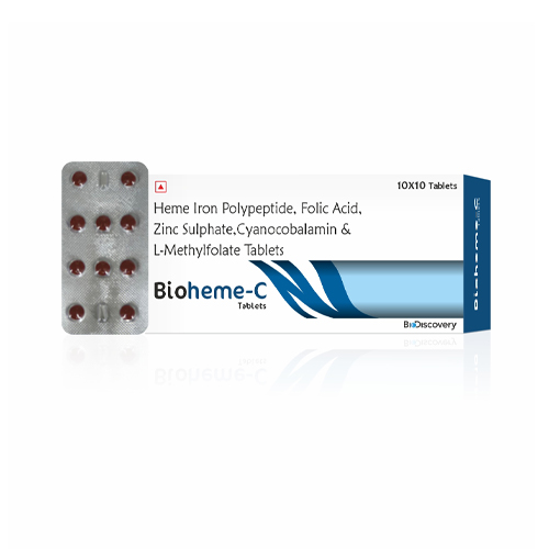 Product Name: Bioheme C, Compositions of Bioheme C are Heme Iron Polypeptide, Folic Acid, Zinc Sulphate.Cyanocobalamin & L-Methylfolate Tablets - Biodiscovery Lifesciences Private Limited