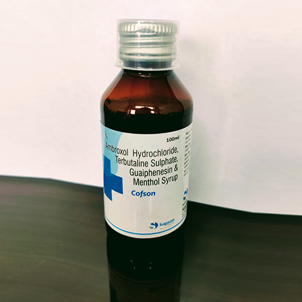 Product Name: Cafson, Compositions of Cafson are Ambroxol Hydrochloride Terbutaline Sulphate Guaiphenesin & menthol Syrup - Sapson Pharma