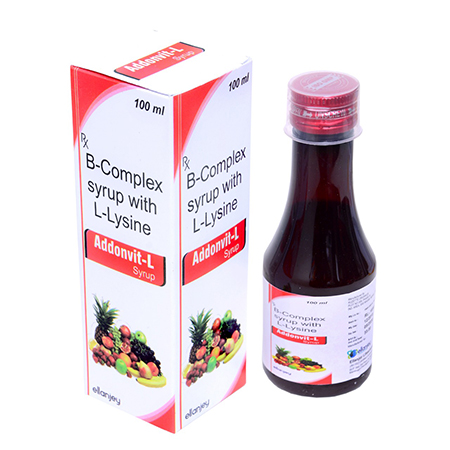 Product Name: Addonvit L, Compositions of Addonvit L are B-Complex syrup with L-Lysine - Ellanjey Lifesciences