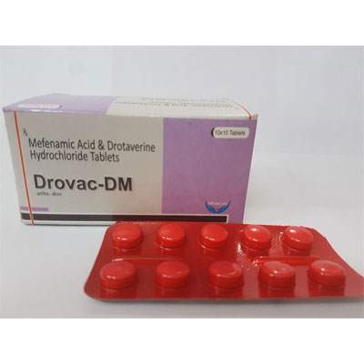 Product Name: DROVAC DM, Compositions of DROVAC DM are Mefenamic Acid, Drotaverine Hydrochloride Tablets - Cubic Lifesciences Private Limited