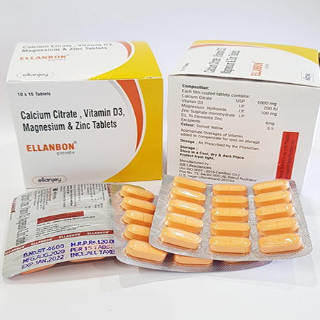 Product Name: Ellanbon, Compositions of Ellanbon are Calcium Citrate, Vitamin D3, Magnesium & Zinc Tablets - Ellanjey Lifesciences