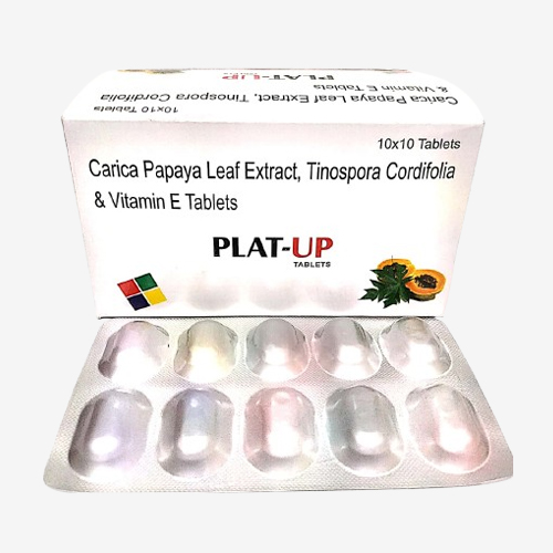 Product Name: PLAT UP, Compositions of PLAT UP are Carica Papaya Leaf Extract, Tinospora Cardifolia & Vitamin E Tablets  - Insta Care Lifesciences