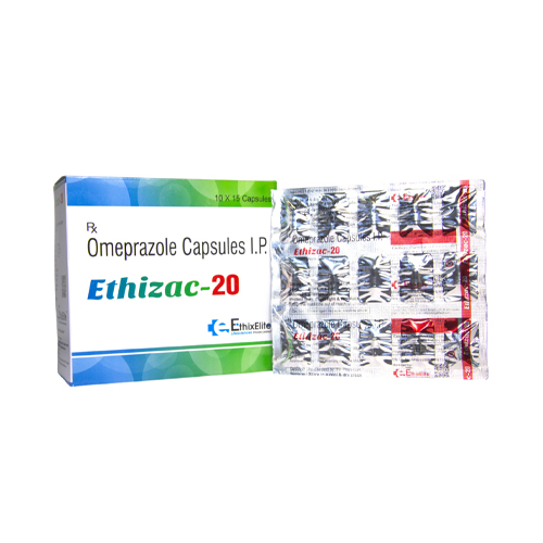 Product Name: ETHIZAC 20, Compositions of ETHIZAC 20 are Omeprazole Capsules I.P. - EthixElite Lifesciences Private Limited