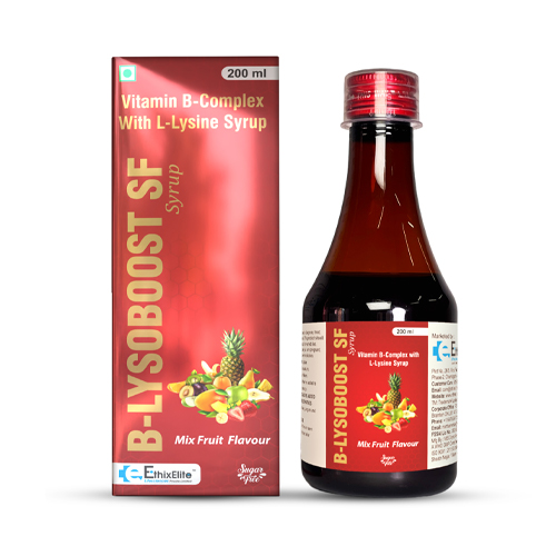 Product Name: B LYSOBOOST SF, Compositions of B LYSOBOOST SF are Vitamin B-Complex with L-Lysine Syrup  - EthixElite Lifesciences Private Limited