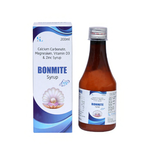 Product Name: BONMITE Syrup, Compositions of BONMITE Syrup are Calcium Carbonate, Magnesium, Vitamin D3 & Zinc Syrup - Hikona Lifesciences