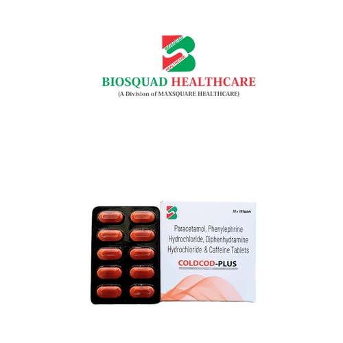 Product Name: COLDCOD PLUS, Compositions of Paracetamol, Phenylephrine Hydrochloride, Didhenhydramine Hydrochloride & caffeine tablets are Paracetamol, Phenylephrine Hydrochloride, Didhenhydramine Hydrochloride & caffeine tablets - Biosquad Healthcare