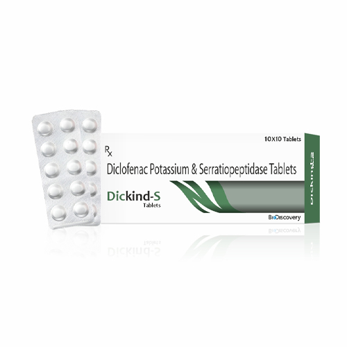 Product Name: Dickind S, Compositions of Dickind S are Diclofenac Potassium & Serratiopeptidase Tablets - Biodiscovery Lifesciences Private Limited