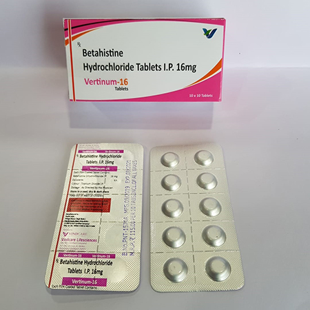 Product Name: VERTINUM 16, Compositions of VERTINUM 16 are Hydrochloride Tablets IP 16mg - Vindcare Lifesciences