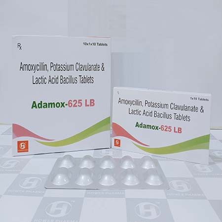 Product Name: Adamox 625 LB, Compositions of Adamox 625 LB are Amoxicillin,Potassium Clavulanate & Lactic Acid Bacillus Tablets  - Hower Pharma Private Limited