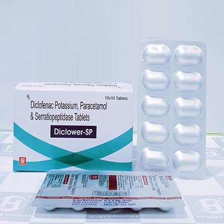 Product Name: Diclower Sp, Compositions of Diclofenac Potassium Paracetamol & Serratiopeptiside Tablets are Diclofenac Potassium Paracetamol & Serratiopeptiside Tablets - Hower Pharma Private Limited