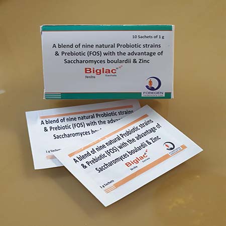 Product Name: Biglac, Compositions of Biglac are Blend of nine natural probiotic strains & prebiotic (FOS) with the advantages of saccharomyces boulardii & Zinc - Foregen Healthcare Ltd