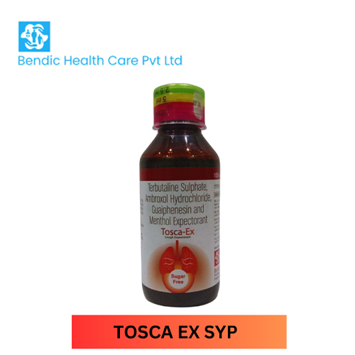 Product Name: TOSCA EX, Compositions of TOSCA EX are Terbutaline Sulphate, AmbroxolHydrochloride, Guaiphenesin And Menthol Expectorant  - Bendic Healthcare Private Limited