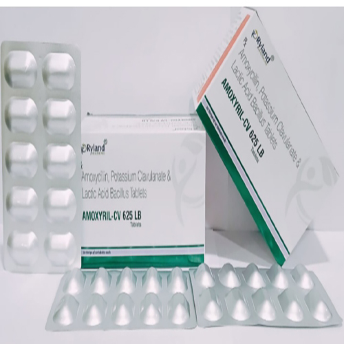 Product Name: Amoxyrill Cv 625 lb, Compositions of Amoxyrill Cv 625 lb are Amoxycilin Potassium Clavulanate & Lactic Acid Bacillius Tablets - Ryland Health Care