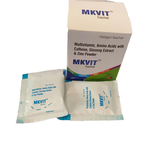 Product Name: MKVIT Sachet, Compositions of MKVIT Sachet are Multivitamin, Amino Acids with Caffeine, Ginseng Extract & Zinc Powder - MK Healthcare