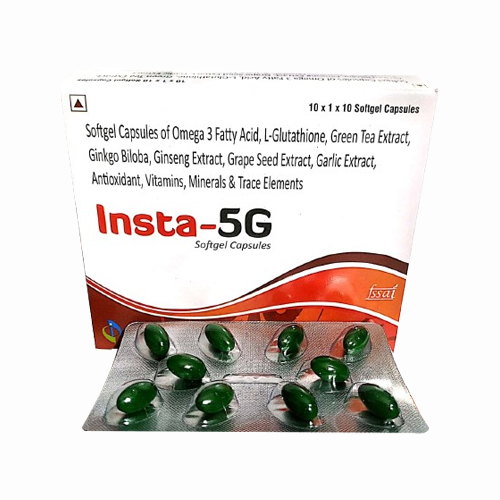 Product Name: INSTA 5G, Compositions of INSTA 5G are Softgel Capsules of Omega 3 Fatty Acid, L-Glutathione, Green Tea Extract, Ginkgo Biloba, Ginseng Extract, Grape Seed Extract, Garlic Extract, Antioxidant, Vitamins, Minerals & Trace Elements - Insta Care Lifesciences