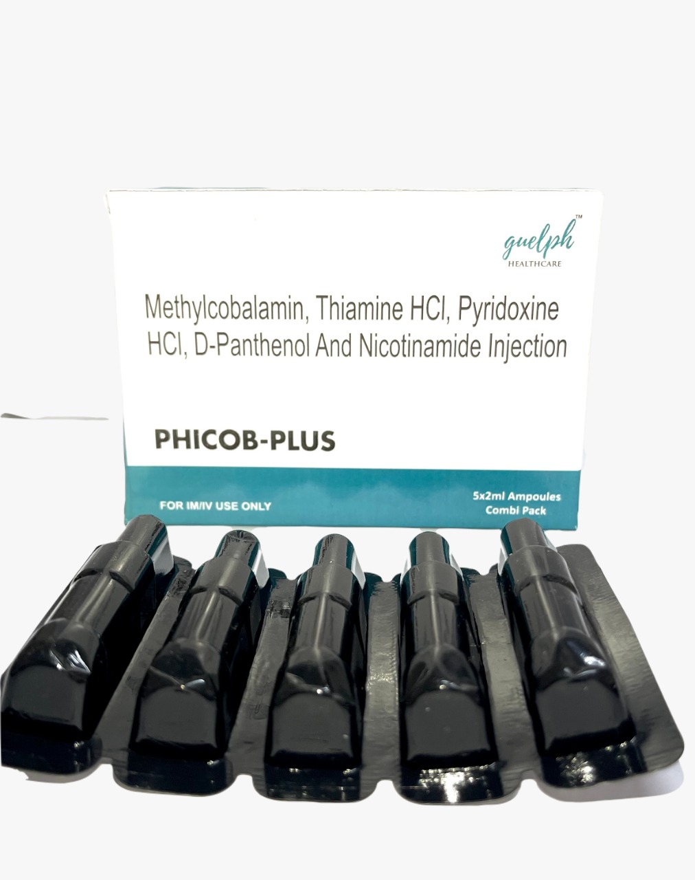 Product Name: PHICOB PLUS Methylcobalamin, Niacinamide, Pyridoxine Injection 5 x 2ml Pack, Compositions of Methylcobalamin 1000mcg + Pyridoxine 100mg + Niacinamide 100mg are Methylcobalamin 1000mcg + Pyridoxine 100mg + Niacinamide 100mg - Guelph Healthcare Pvt. Ltd