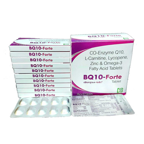 Product Name: BQ10 Forte, Compositions of BQ10 Forte are CO-Enzyme Q10, L-Carnitine, Lycopene, Zinc & Omega-3 Fatty Acid Tablets - Bidu Biotech