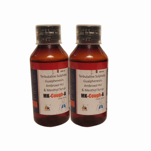 Product Name: MK Cough A, Compositions of MK Cough A are Terbutaline Sulphate Guaiphenesin Ambroxol Hcl & Menthol Syrup - MK Healthcare