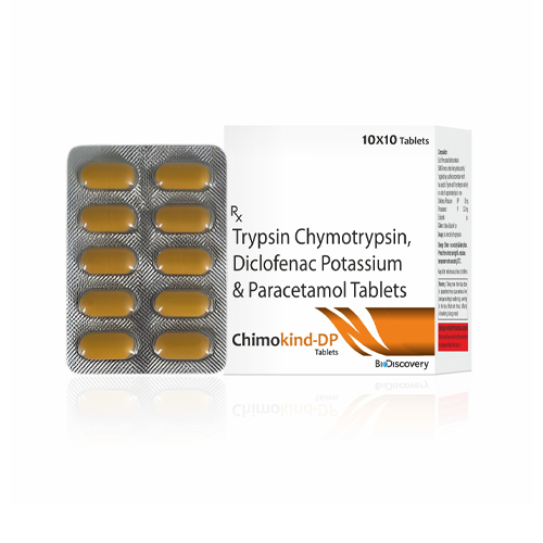 Product Name: Chimokind DP, Compositions of Chimokind DP are Trypsin Chymotrypsin, Diclofenac Potassium & Paracetamol Tablets - Biodiscovery Lifesciences Private Limited