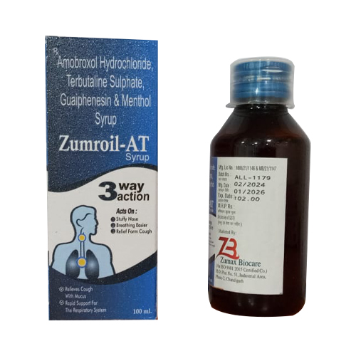 Product Name: ZUMROIL AT, Compositions of ZUMROIL AT are Amobroxol Hydrochloride Terbutaline Sulphate, Guaiphenesin & Menthol Syrup - Access Life Science