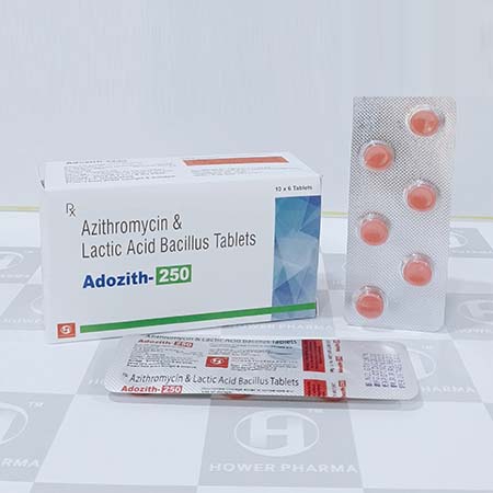 Product Name: Adozith 250, Compositions of Azithromycin & Lactic Acid Bacillus Tablets  are Azithromycin & Lactic Acid Bacillus Tablets  - Hower Pharma Private Limited