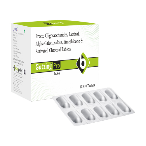 Product Name: GUTZING PRO, Compositions of GUTZING PRO are Fructo Oligosaccharides, Lactitol, Alpha Galactosidase, Simethicone & Activated Charcoal Tablets - Biopolis Lifesciences Private Limited