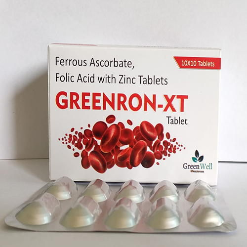 Product Name: Greenron XT, Compositions of Greenron XT are Ferrous Ascrobate, Folic Acid with Zinc Tablets - Greenwell Lifesciences